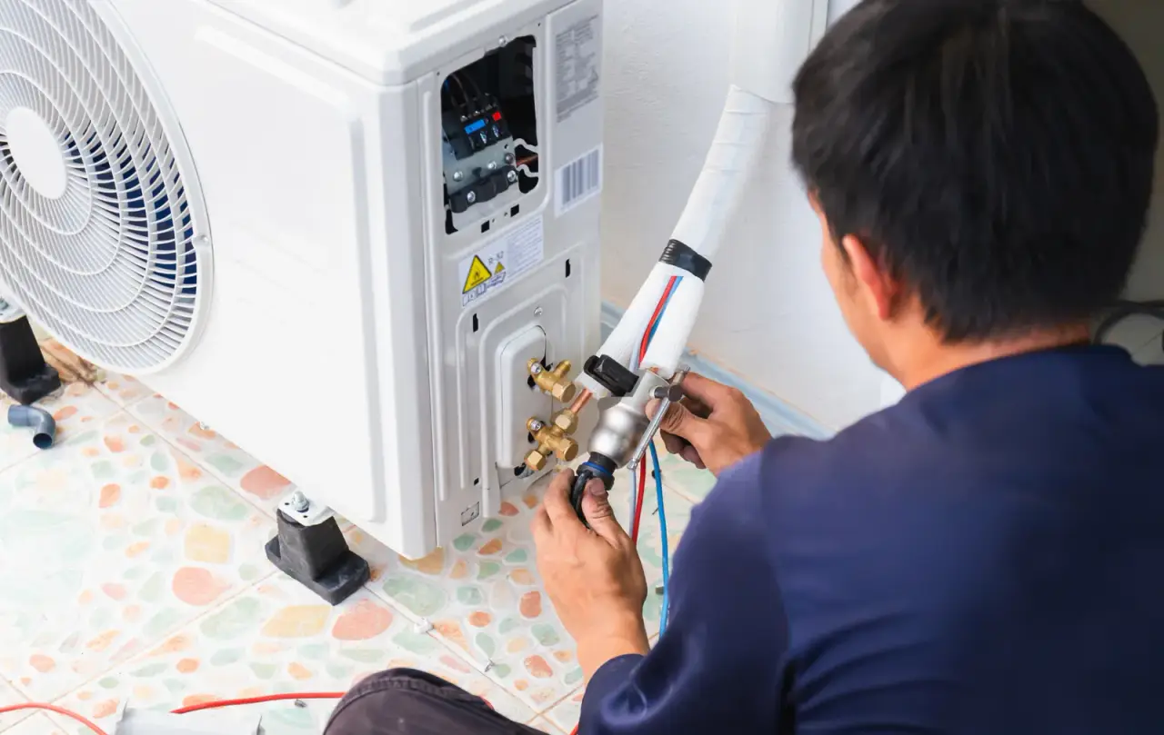 HVAC technician connecting refrigerant lines